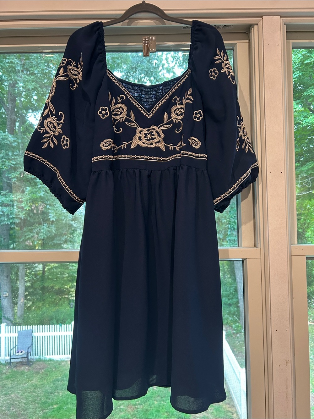 SHEIN Navy Mini Dress with Cream Floral Embroidery
